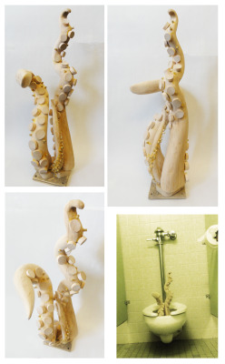 mattkisselfineart:  wooden sculpture of tentacles that i installed in a public restroom.[i have not seen it since. if you know anyone who has a sculpture like this, let me know! i’d like to hear where it has traveled!] 