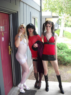 tiatransformsbottoms:  Left to right: Jade Vix, Layla, KittyKaiti all TS. I took this pic and tons of vids. 4 of which I posted today on www.birchplace.xxx/tvbunni all of these girls are into being stunning porno sluts.This was â€˜break timeâ€™ after