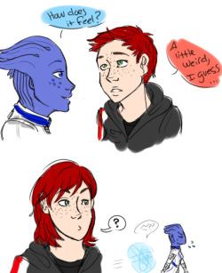 late night doodles of femshep and liara agaaaaaain. top one is me trying to draw femshep with shorty-short hair (its eh) bottom is glyph being an ANNOYING LITTLE SHIT loool