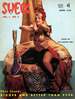 burleskateer:  Jennie Lee (“The Bazoom Girl”) appears as a curvaceous Harem Girl on the cover of (Vol.1-No.3) ‘SHEIK’ magazine; published by ABC Publications in ‘59 .. Many more pics of Jennie can be found here.. 
