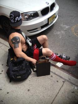 on the curb while putting on his np socks&hellip;..