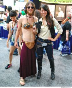 pkpow:  kimikomuffin:  ear-worm:  rule63rules:  [Image: Two cosplayers at a convention, dressed as rule 63’d Leia (in his “slave” costume) and Han Solo from Star Wars. Leia, in addition to his bikini top and slitted skirt, has a beard and sunglasses.