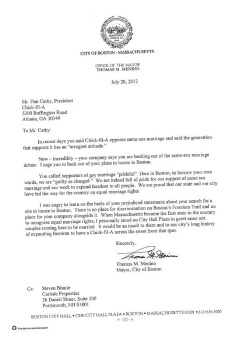 lgbtqgmh:  ryanhatesthis:  Mayor Menino’s letter to Chick-Fil-A  [To Mr Cathy: In recent days you said Chick-fil-A opposes same-sex marriage and said the generation that supports it has an “arrogant attitude.” Now - incredibly - your company says