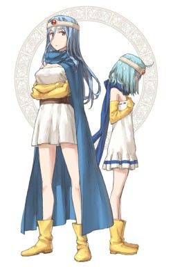 moyasidama:  blue hair boots breast envy breasts cape circlet dragon quest dragon quest iii dress dual persona elbow gloves gloves large breasts long hair red eyes sage (dq3) shoe-ji short hair solo sweatdrop young 