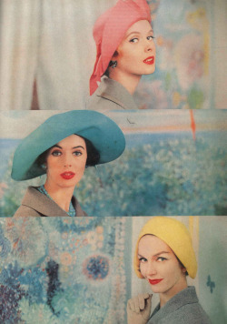 That hussy in blue? THE HOUSE. DOWN. BOOTS. ~Yü earwigbiscuits:  Sally Victor hats in Vogue, March 1957 (via) 
