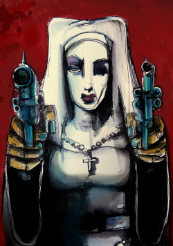 tigerbagel:  Aquarell on ink I made for movie Nude_Nuns_with_Big_Guns  