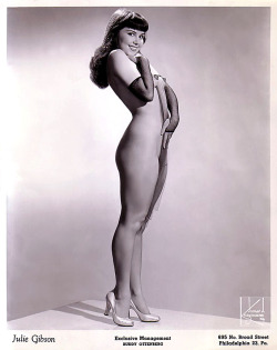 burleskateer: Julie Gibson    aka. “The Bashful Bride”..  Vintage 50’s-era promo photo depicting a classic pose.. Ms. Gibson was managed by Buddy Ottenberg, a part-owner of Philadelphia’s popular ‘WEDGE Club’; the venue where Julie performed