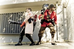 randomasdey:  nintendonut1:  otlgaming:  TEAM FORTESS 2 COSPLAY  Think you love Team Fortress 2? Not as much as Greg Peltz (soldier) and Ryan Rasmussen (medic). They’ve turned Team Fortress 2 into art with these photos of them in their costumes they