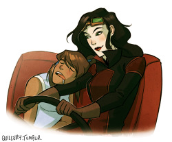 quillery:  Korrasami fluff for Ari! &lt;3 Korra gets sleepy on long car rides. And I just want to draw Asami’s hair forever and ever and ever. 