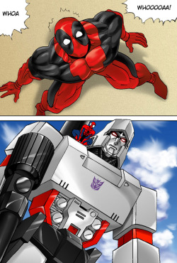 windwave:  needsabouttreefiddy:  Megatron meets Spider-Man and Deadpool! Because… because why not?! Unlike most Japanese comics, this one is read left to right. Full Size  damn xD but Megatron   Spidy it’s official xD after those strange “avengers