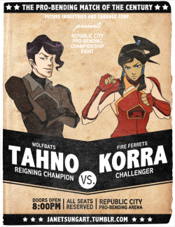janetsungart:  Had this idea for a while to do a fake poster for the Pro-Bending Championship match between Tahno and Korra. I’m taking cues from traditional 1960’s boxing posters.Probably my last fan art before the school year starts. Goodbye summer