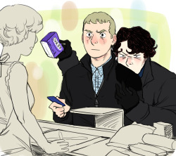  Sherlock hanging all over John at Tesco. Maybe deducing/insulting one of the cashiers— muffinmoip