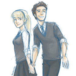 michellicopter:  Anonymous asked: Could you please draw a hogwarts Peter Parker and Gwen Stacy! Pretty please. 