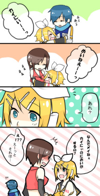 vocaloids-red-and-blue:  Translation: Rin: Kai-nii~ Kaito: There, there Rin: Mei-nee~ Meiko: Well well Rin: Oh? Rin: Why does Mei-nee seem to have Kai-nii’s scent? Meiko: Ah!?? We-ll, that’s because… 