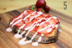 gocookyourself:  Strawberry Cream Cheese French Toast - In Pictures Strawberries / Bread / Cream Cheese / Dbl Cream / 1 Egg / Icing Sugar (1) SLICE tops off strawberries, halve and throw in small pan (2) POUR in a drop of water and put onto a low heat