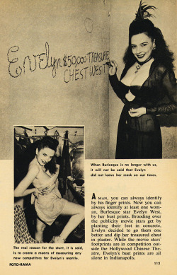 Evelyn West (aka. Amy May Coomer) appears in an article scanned from the pages of the December ‘54 issue of ‘Foto-rama’ magazine..