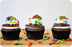 gastrogirl:  m&amp;m cupcakes with chocolate-dipped marshmallow frosting. 