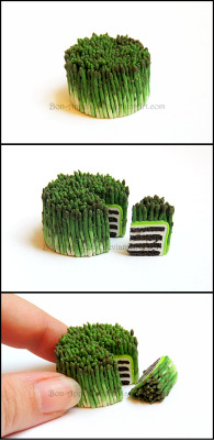 bon-appeteats:  Miniature asparagus cake. Based off this cake: [link]I think I am insane. Well, if not before, then definitely after this. Made from polymer clay. I tried going for 1:12 scale but I think it’s just a little larger than that. :/And yes,