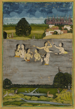 6656:  Women bathing in a lake 18th century Mughal dynasty 