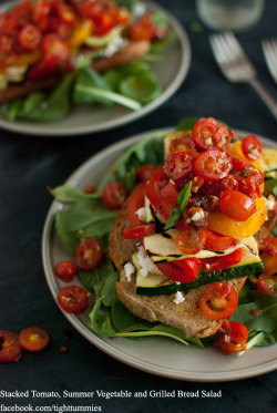 tighttummies:  Stacked Tomato, Summer Vegetable and Grilled Bread Salad The full recipe in a pdf file is here: http://www.scribd.com/doc/106069778 This salad consists of grilled vegetables piled high onto a slice of country-style grilled bread, topped