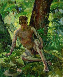 mrsramseysshawl:  Albert Weisgerber (b St. Ingbert 1878 – d Fromelles-Ypern 1915), Männlicher Akt, sitzend im Wald, mit Hut und Bogen (Male nude, sitting in the forest, with hat and bow), 1909 