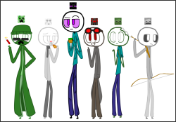 askthosesillystickmen:  Minecraft mobs as stickmen! Background for some of their designs for those who weren’t in the stream or just need a refresh. Enderman: His clothing are made from dead zombies clothing because of his size, nothing really fits