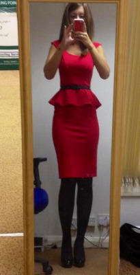 faggotryandgendersissification:  Off to work today? Need some inspiration? Then look no further. You wouldn’t go far wrong if you copied this exquisite outfit. What a classy slut. RED screams - ‘look at me!’ The cut of the dress is perfect…hugging