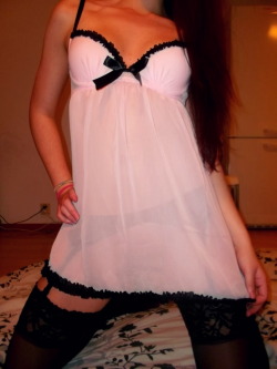 virgin-sex-addict:  Hope you like it ;) http://virgin-sex-addict.tumblr.com/  Very much so, I like you.  Nicely shaped, and that nighty is cute.  Plus, of course, stockings!  You&rsquo;re very cute.