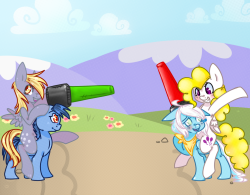 ask-echo-wonderbolt:  Art for oak23  He wanted Derpy, Surprise, Echo, and Glitchy doing something adorable. I drew them about to have a jousting tournament with sockem bopper lightsabers.  Echo is not sure this is a good idea.   X3 Eee so cute! &gt;w&lt;