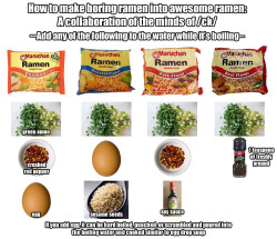 ireallyhatecornnuts:  schim:  chinad011:  pineapplebananacurry:  cookingformorons:  greencarnations:  How to make your ramen 9001x better, courtesy of /ck/  And you can buy roast beef and roast chicken on the internet. I am set for ramen for like a year