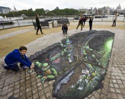 wired:  dorkly:  Incredible Teenage Mutant Ninja Turtle Street Art This looks fun and all, but the sewage department clearly has some issues to address.  Trompe-l’oeil turtles. Tubular. 