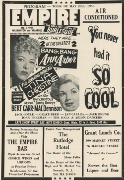 burlyqnell: May 20 - 1955 program ad for the ‘EMPIRE Burlesque Theatre’, featuring Ann &ldquo;Bang Bang&rdquo; Arbor.. And &ldquo;The Gorgeous Redhead&rdquo; Tina Christine..  Comedians Bert Carr and Mac Dennison make with the laughs.. 