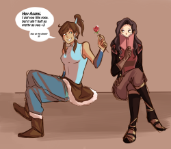 beroberos:  Suave/cocky Korra gets shut down by assertive Asami. Alliterations yayyy. UGH OKAY THIRD TIME I’M POSTING THIS. Gonna have this one up so you guys can actually READ what they’re saying xD I’m sorry for spamming your dashes OTL 
