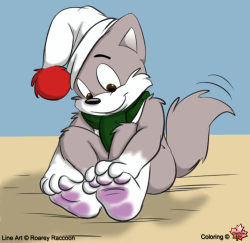 Cute cubby Cashew Lou explores his toes in this pic drawn for me by Roarey Raccoon. I did the coloring and shading.