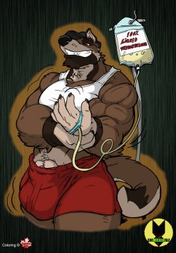 This is a pic ChemicalWolf drew of himself beefing up in a hurry, which he allowed me to color and shade.