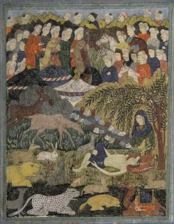 badesaba:  Khosro being cared for by Shirin - Safavid miniature painting, 17th c Gouache on paper heightened with gilt, depicting Khosro being cared for by Shirin in a rocky landscape with wild animals at his side, an encampment behind and mounted