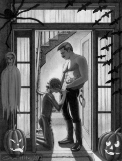 gay-erotic-art:  hotintensefucks:  http://hotintensefucks.tumblr.com/  The latest drawing titled - “Trick or Treat?” What happens when Spiderman trick or treats at Tom of Finland’s house? Have a Happy Halloween! Graphite   This is real simple –