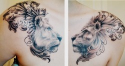 ventureneverlost:  fuckyeahtattoos:   Lion and lioness chest piece. It represents my masculine and feminine sides, pride, elegance, ferocity, and protection. It was done by Matt Cowell at House of Tattoo in Tacoma, Washington.   This is me :) 