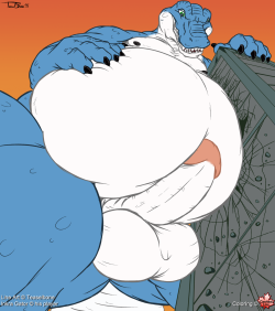 It looks like the growth potion was a rousing success, as Inkra&rsquo;s massive belly crowds against a building! Many thanks to Teaselbone and Inkra Gator for allowing me to post the flat colors I put on this sketch.The original line art can be viewed