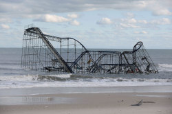 annorexia:  In New Jersey, Sandy destroyed several blocks of Atlantic City’s world-famous boardwalk and wrecked several other boardwalks up and down the coast. A Seaside Heights roller coaster was left partially submerged in the ocean. devastating yet