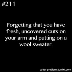 cutter-problems:     Forgetting that you have fresh, uncovered cuts on your arm and putting on a wool sweater.    