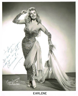 Earlene Vintage promo photo personalized to the mother of Burlesque emcee/entertainer, Bucky Conrad: “To Louise — I&rsquo;ll have champagne with you anytime — Remember! ”..