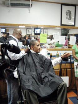 kaitheking:  thuglife-thugzmansion:  mrmoses717:  President Barack Obama getting a haircut &amp; talking to supporters. 2pac hanging on the wall……  this simple image has a bigger meaning.  “And although it seems heaven sent, we ain’t ready