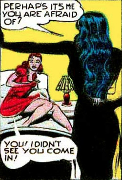 superdames:  Perhaps it’s me you are afraid of? —Pep Comics #18 (1941) by Joe Blair &amp; Harry Lucey