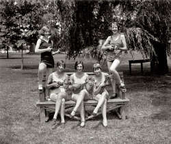silentcuriosity:   July 9, 1926. Washington, D.C. “Girls in bathing suits with ukuleles.” Identified in the caption of another photo as Elaine Griggs, Virginia Hunter, Mary Kaminsky, Dorothy Kelly and Hazel Brown. National Photo Co. 