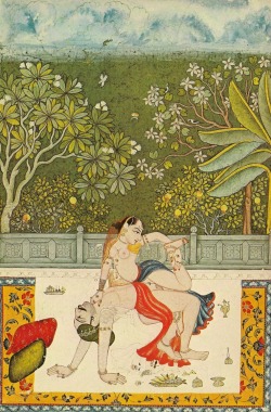 sexandbrains:  Bundi style, Rajasthan, late eighteenth century &ldquo;This prince and lady are making love acrobatically; whilst he makes a bridge she holds her ankle to twist and balance on him. This seems to combine two of the canonical erotic positions