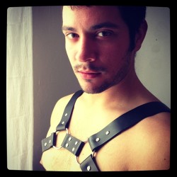 maleboudoir:  Tom’s back.  ;)    Nipples and harness