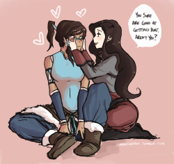 beroberos:  Drew sheekonfiya’s suggestion while livestreaming “korra comes back home from avatar duties all scratched up and stuff and asami patches her up and puts a bandaid on her nose” Thanks to those of you that came! :D 